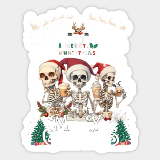 Christmas Skeleton With Smiling Skull Drinking Coffee Latte Sticker